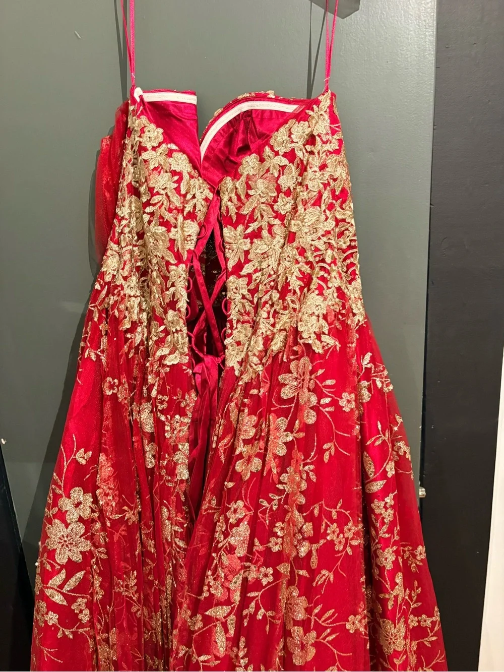 Layla K red Embroidered Ball Gown Dress with Gold Floral Appliqué